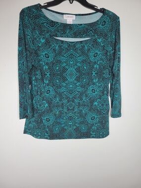 Carmen Marc Valvo Teal and Black Lace-Print Long Sleeve Top